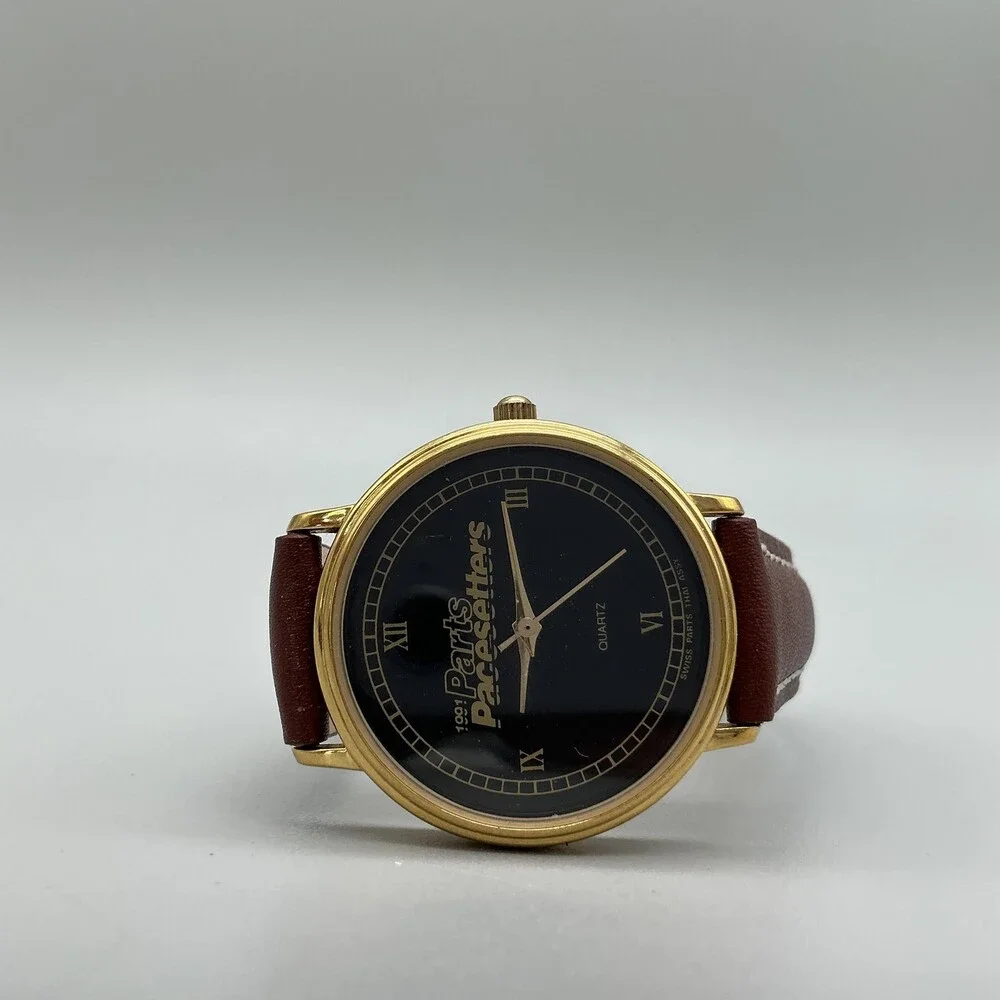 Vintage Parts Pacesetters Mens Watch 32mm Black Logo Dial Leather New Battery